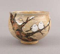 灰釉　シマエナガ　塩笥形茶碗