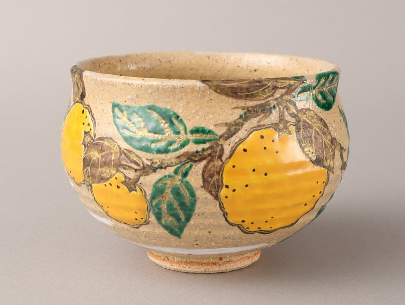 灰釉　柚子図　塩笥形茶碗