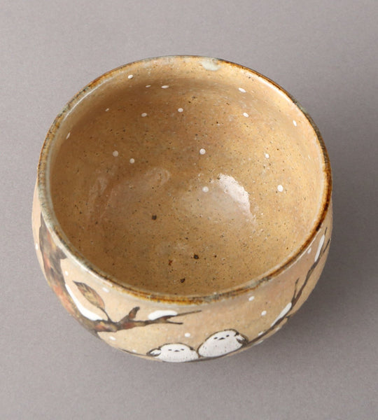 灰釉　シマエナガ　塩笥形茶碗