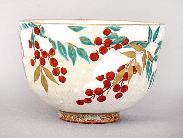 粉引釉　雪に南天図茶碗