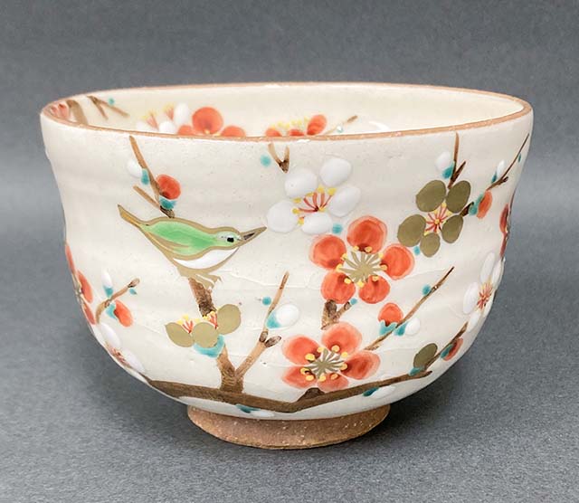 粉引　梅に鶯　茶碗