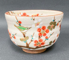 粉引　梅に鶯　茶碗